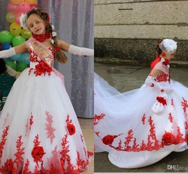 Rote Spitze-Mädchen-Festzug-Kleider 2019 handgemachte Blumen trägerloses Kinder-Ballkleid-Kleid Blumenmädchenkleider Kleid für besondere Anlässe für Teenager