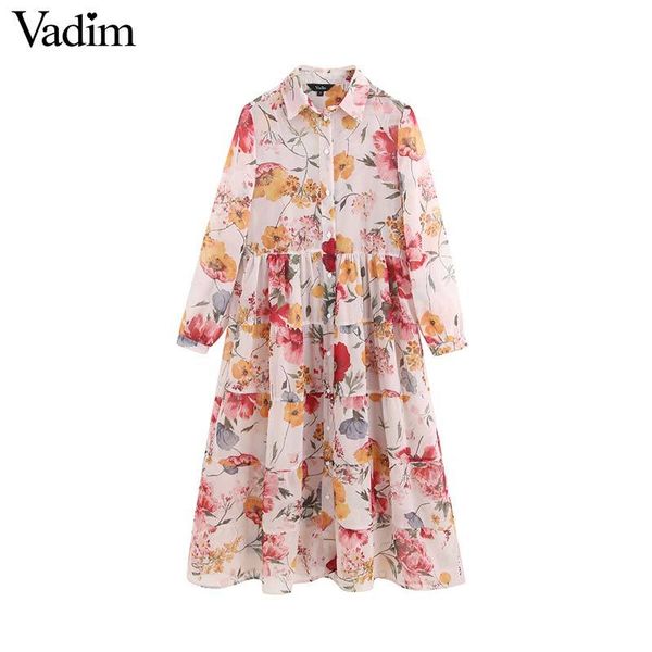 

vadim women sweet chiffon floral print patchwork midi dress long sleeve two piece set female casual dresses vestidos qb848, Black;pink