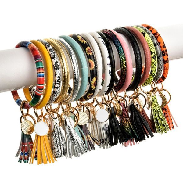

sunflower tassels bracelet leopard serape print round bracelets keychain pu leather key holder wristband drip oil bangle enamel wristlet dhl, Red;brown