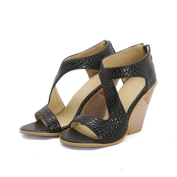 

2020 summer new solid color open toe word with thick heel high heel roman women's shoes women's sandals, Black