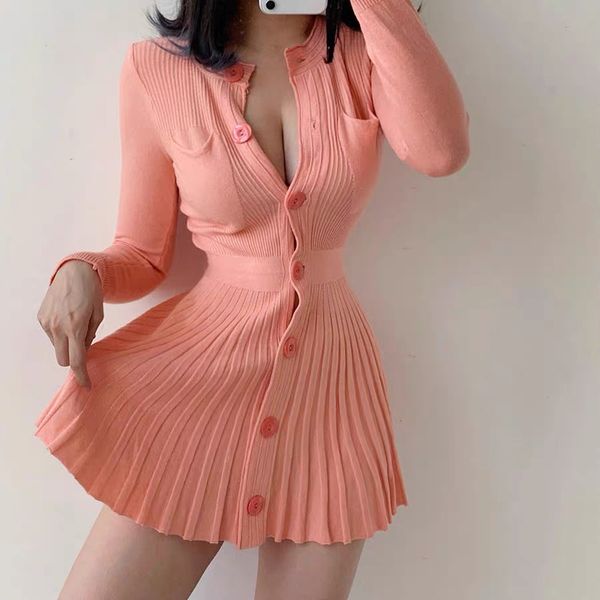 

spring 2020 long sleeve knitted dress slim and sweet single breasted pleated dress with waist closed orange, Black;gray