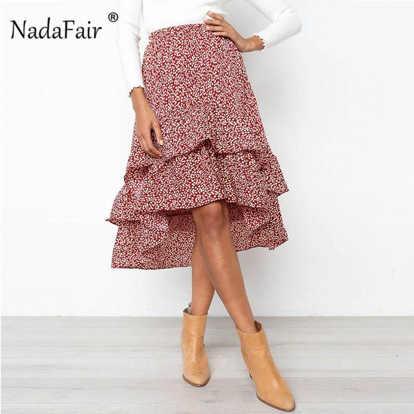 

nadafair оборками-line горошек юбки женщины 2019 весна лето асимметричный высокой талией midi рубашки женский dot пляж юбки, Black