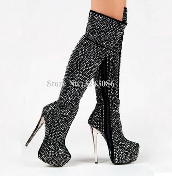 

new black bling crystal platform long boots women metal stiletto heel over the knee boots lady real ps banquet shoes