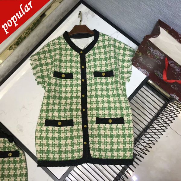 

women's vest 2019 ladies retro pockets green houndstooth tweed weaving sleeveless jacket fringe tassel o-neck long vests jc3245, Black;white