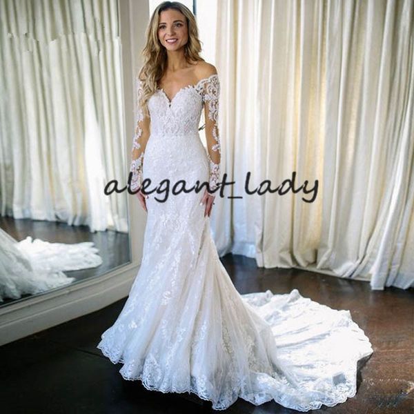 

vestido de noiva long sleeve wedding dress v neck mermaid summer beach lace applique bridal gowns for wedding gala, White