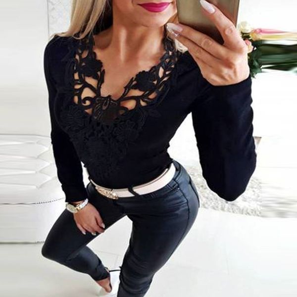 

lace hollow out blouse for women black solid color v-neck shirts lady's short bodycon blouses lace party #1014x20, White