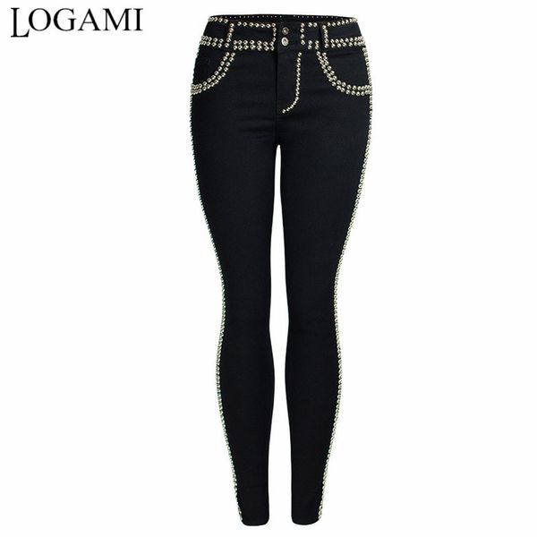 

logami low waist rivet skinny jeans woman casual black denim pants women's strech jeans trouser, Blue