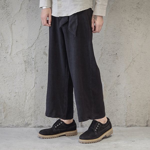 

icpans chinese style linen mens trousers ankle length thin summer loose wide leg pants elastic waist, Black