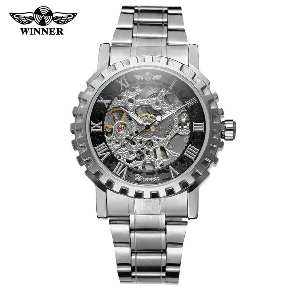 

winner men luxury dress automatic mechanical watch stainless-steel strap skeleton roman number dial 3d gear bezel design, Slivery;brown