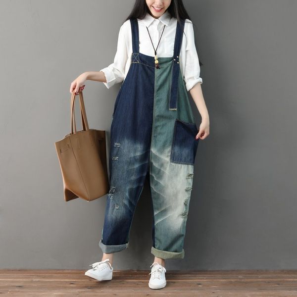 

large size denim rompers women do the old patchwork jean jumpsuits casual hole wide leg bib loose cowboy cargo torn overalls, Black;white