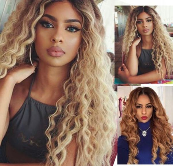 

full lace human hair wigs 10- 20 inch long brazilian water wave remy 613 honey blonde ombre color glueless full lace wigs with baby hair, Black;brown