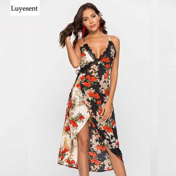 

women lace patchwork floral print off shoulder boha dresses cross deep v neck lace-up vintage sleeveless 2019 summer dress, Black;gray