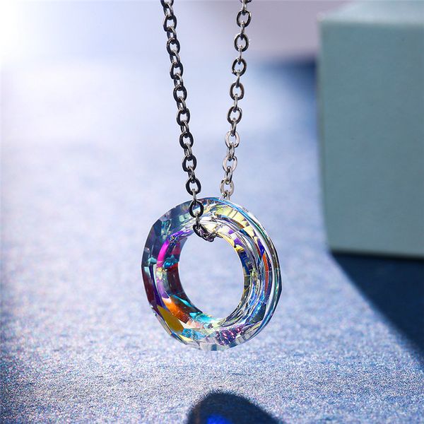 

cute female blue purple white rainbow pendant necklace 100% real 925 sterling silver crystal wedding necklaces for women