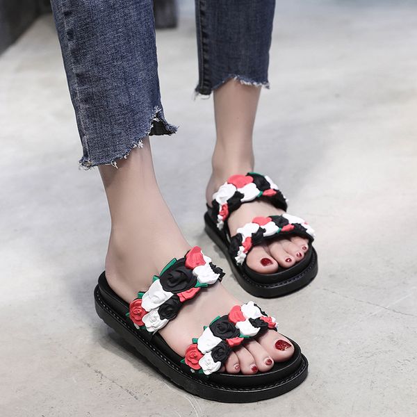 

2019 new pretty women summer shoes beach sweet slippers 3d rose flowers pvc flat flip flops woman outside sandals zapatillas, Black