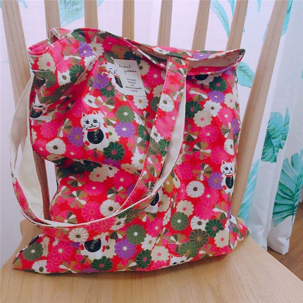 

cotton fabric eco shopping tote shoulder bag print daisy flower cat multi-color zj