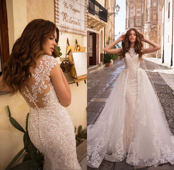 

bohemian lace wedding dresses with detachable train sheer back sleeveless lace appliqued bridal gown beach vestido de novia, White