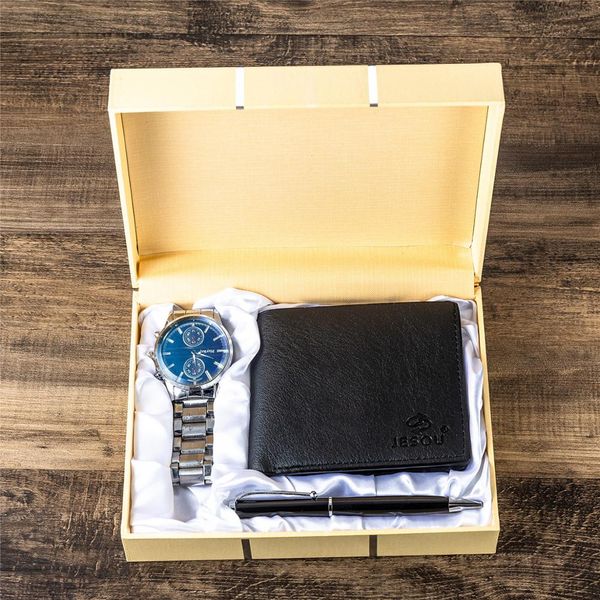 

men's gift set beautifully packaged watch + wallet pen set fashion trend creative combination, Slivery;brown