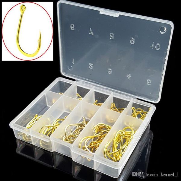 

100pcs 1box 3-12# gold ise hook high carbon steel barbed hooks fishing hooks pesca carp fishing tackle accessories transparent box
