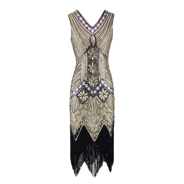 

women vintage 1920s flapper dress v neck sequined fringed cocktail party dress 20s gatsby costume for prom evening, White;black