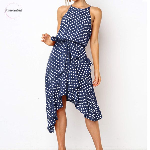 

women bohemian dresses summer polka dot dress plus size irregular sash bow midi elegant dress sleeveless boho ruffles halter dress, Black;gray