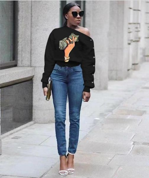 

women designer dollar print t-shirts casual sloping shoulder long sleeve tees fashion natural color tees women clothing, White