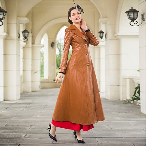 

2018 office lady trench coat pu leather autumn winter long coat women designer turn down collar buttons overcoat 9053, Black