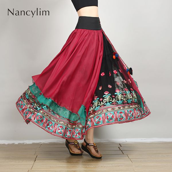 

retro national wind square dance embroidery dance skirt women fashion mesh patch skirts girls ladies holiday skirt nancylim, Black
