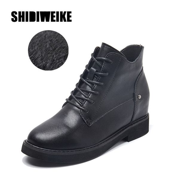

2019 new autumn winter women's boots woman genuine leather height increasing lace-up ankle boots platform women shoes j994, Black