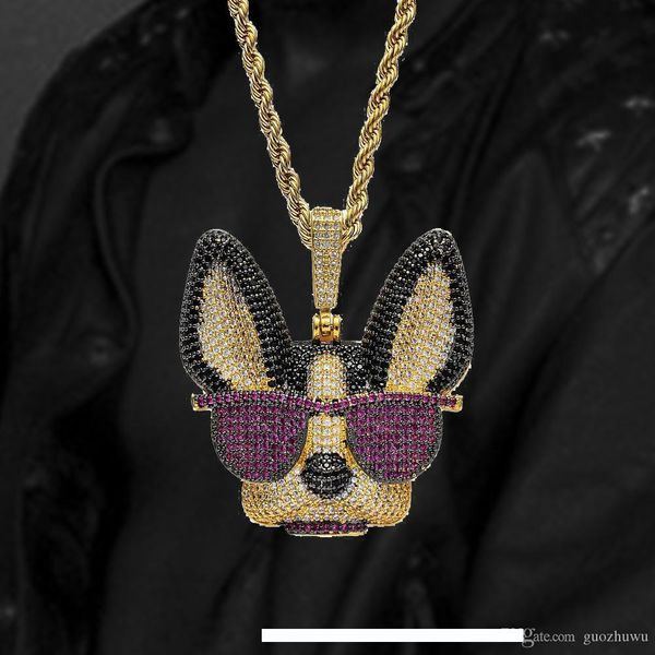 

luxury gold красочные cz цирконий bling мультфильм собака с очки ожерелье хип-хоп алмазная рэппер ювелирные подарки для мужчин женщин, Silver