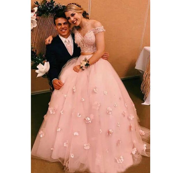 

blush pink 2 piece quinceanera dresses prom ball gowns 2020 off shoulder lace beaded hand made flowers bridal party robes de soirÃ©e, Blue;red