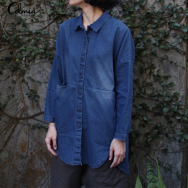 

celmia plus size women and blouses 2019 autumn long sleeve denim tunic shirts buttons casual coats loose blusas femininas, White