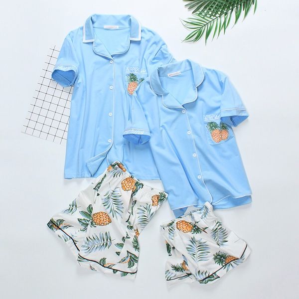 

summer 2019 new short sleeve women's cotton pajamas comfortable pajama set turn-down collar pijama couple sleepwear, Blue;gray
