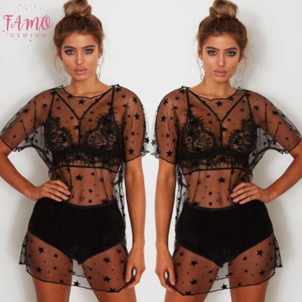 

women star printed dresses short sleeve casual mesh transparent new black summer mini dress women, Black;gray