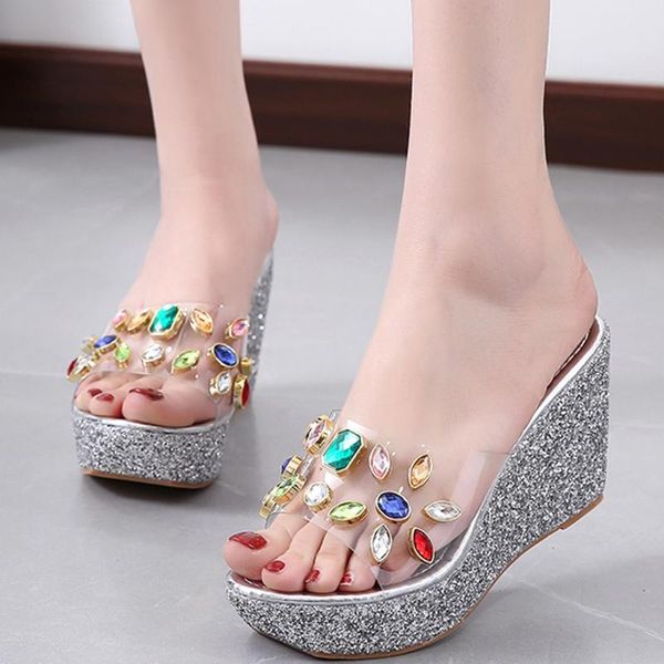 

sequined platform slipper women wedge high heels slipper rhinestone muffin thick bottom slippers 9cm women's summer footwear, Black