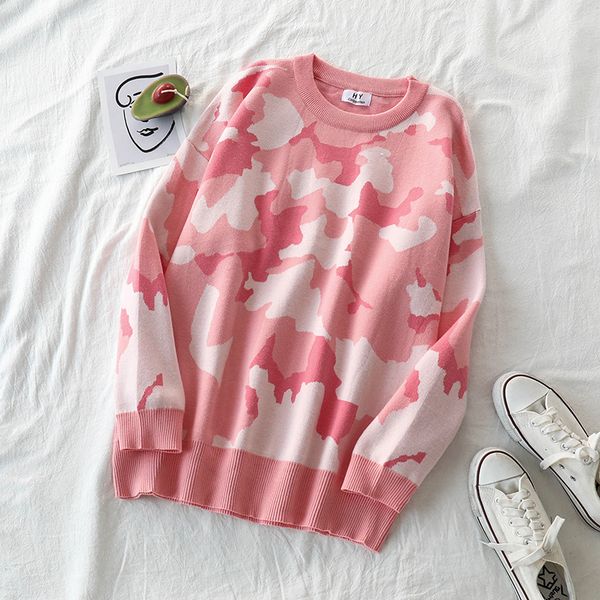 

mooirue winter female korean style jumper sweater long pullover pink camouflage harajuku casual streetwear o neck kintting, White;black
