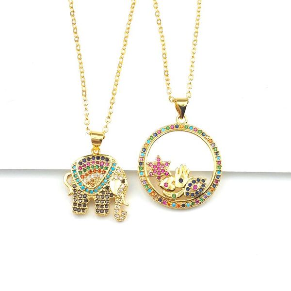 

gold elephant necklace with long chain for woman rainbow round hollow star moon fatima hand evil eye necklace turkish jewelry, Silver