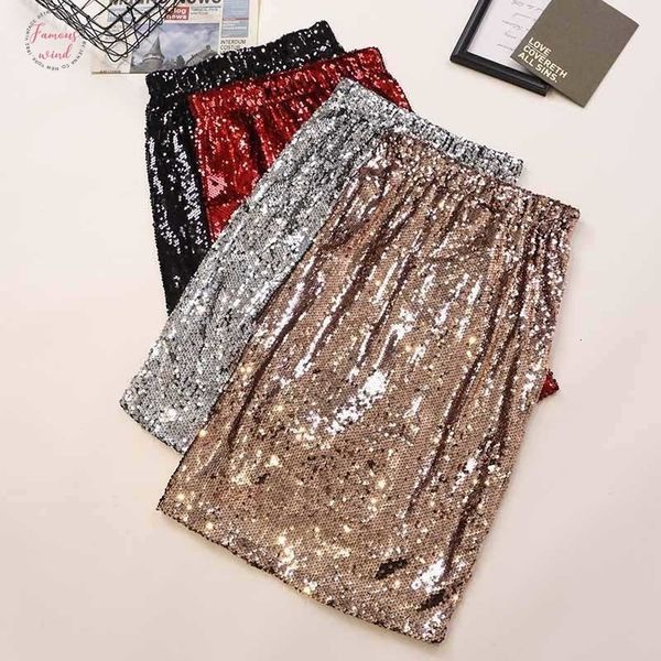 

women shiny sequin skirt high waist glitter silver gold summer stretchy pencil skirts ladies knee length party club midi skirt, Black