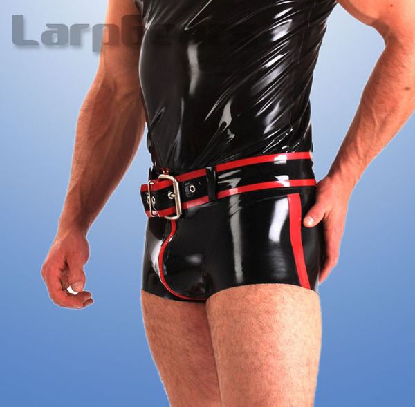 

fetish man black with red strip latex boxer shorts with front zip belt, Black;white