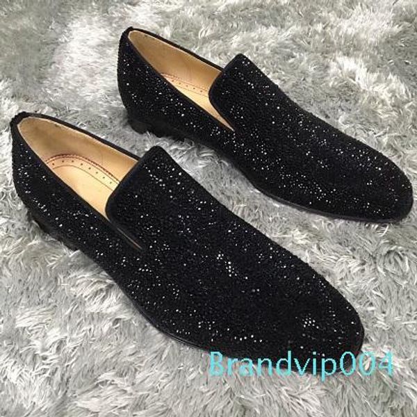 

original box,shipping bag]men business sneakers slip on loafers shoes red bottom outdoor party wedding flats spikes & strass & suede, Black