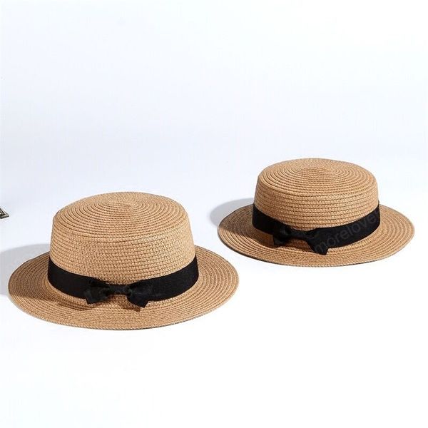 

parent-child sun hat women men sun hats bow hand made straw cap beach flat brim hat casual girls summer cap 52-55-58cm, Blue;gray