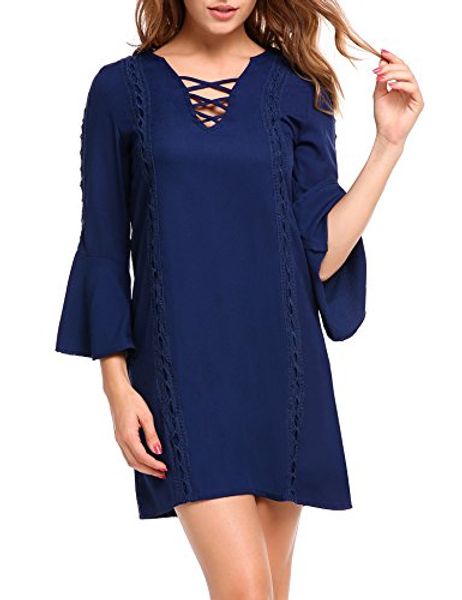 

acevog women's criss cross casual dress flare sleeve tunic lace up a line v-neck t-shift dress, Black;gray