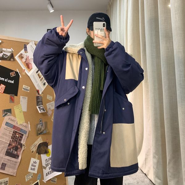 

2019 autumn and winter new stitching thickened mid-length lambskin wool jacket fashion casual cotton coat army green / navy blue, Black