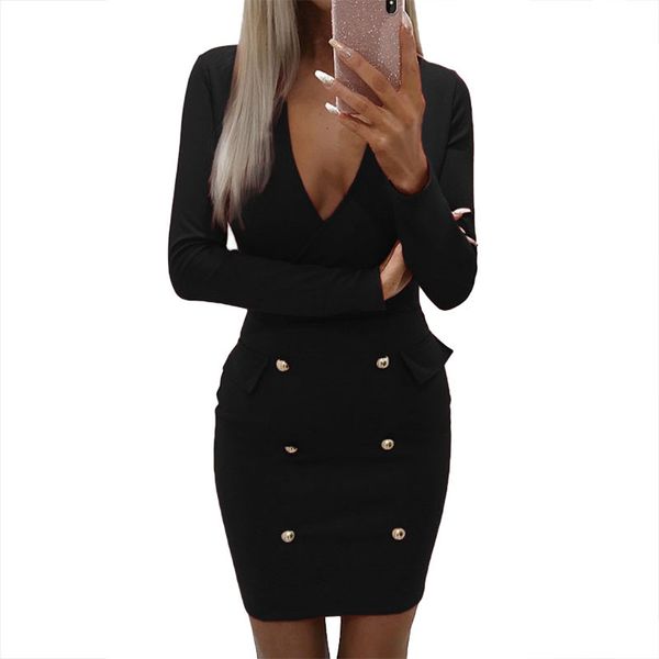 

club dress woman clothes v neck elegant autumn winter buttons new women dresses sheath office party dress red dress club 2xl m0139, Black;gray