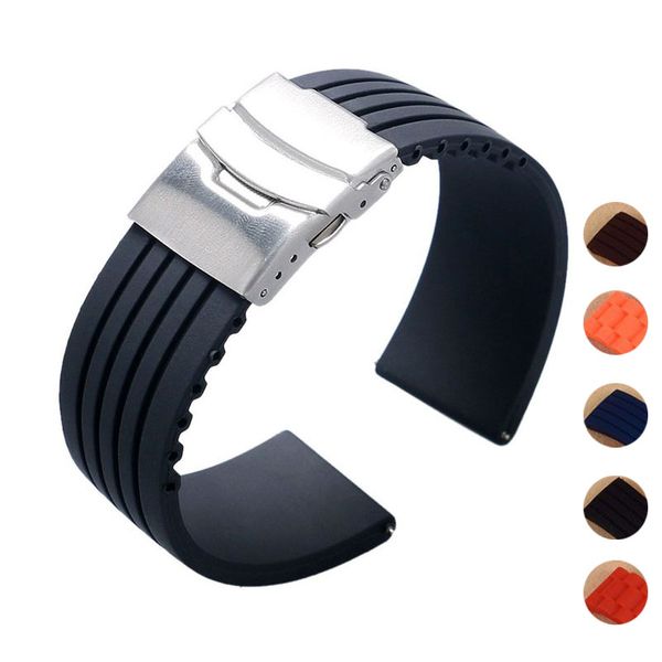 

new design black silicone rubber watch strap band deployment buckle waterproof 18mm ~ 24mm f17, Black;brown