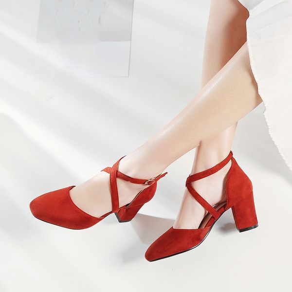 

yqbtdl summer block heels mary jane shoes cross strap buckle red black suede high heel woman shoes square toe pumps dress party