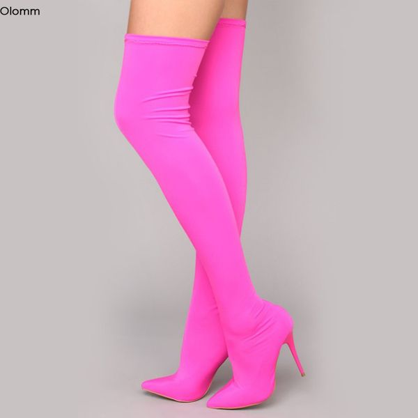 

olomm women over the knee stretch boots thin high heels boots pointed toe rose red green orange shoes women us size 6-9.5, Black