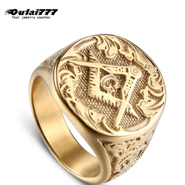 

oulai777 signet-ring big wide masonic ring for man men gold rings stainless steel mens ring masonic golden male accessories 2019, Slivery;brown