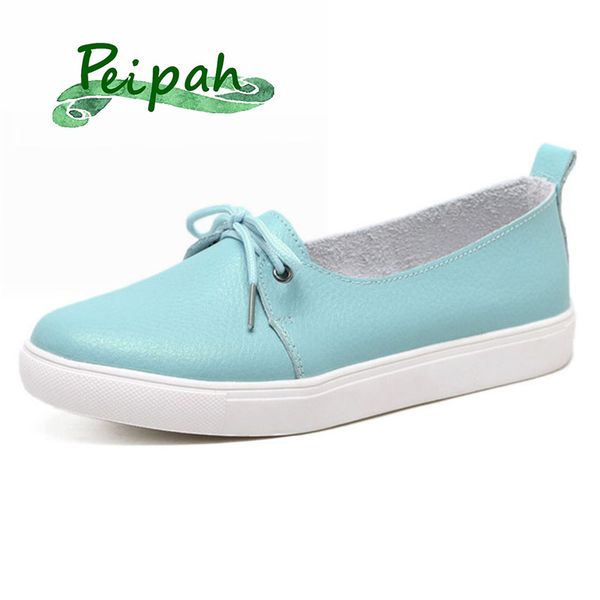 

peipah 2019 new solid women shoes genuine leather women flats shoes slip on female loafers sewing round toe single, Black