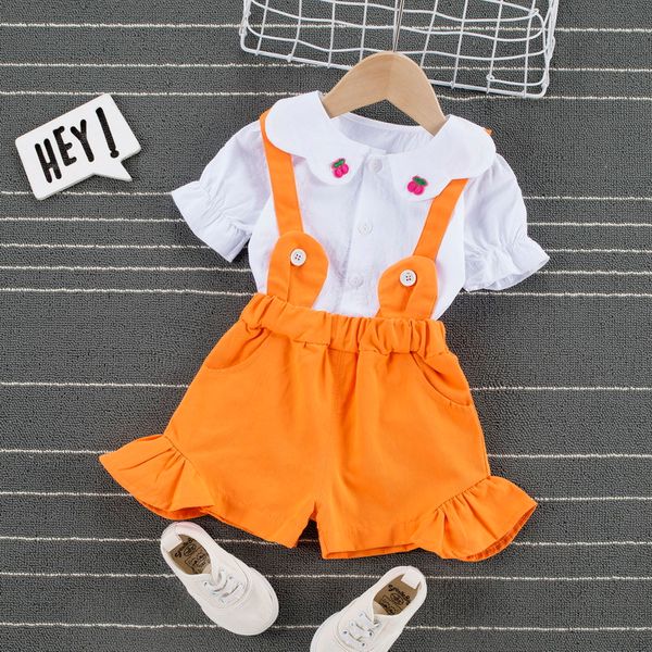 

new summer baby girls clothes set cherry print cotton strap shorts 2pcs set cute kids clothes, White