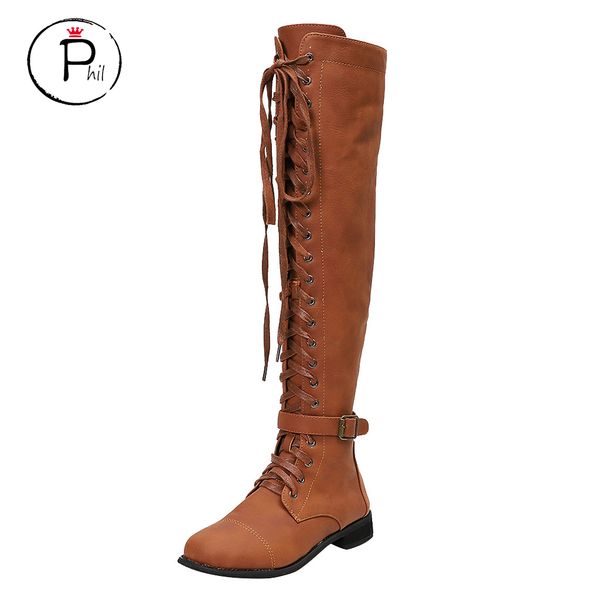 

winter pointed botas mujer solid color knee high boots women ladies retro low-heeled shoes lace-up long tube knight boots #zf, Black